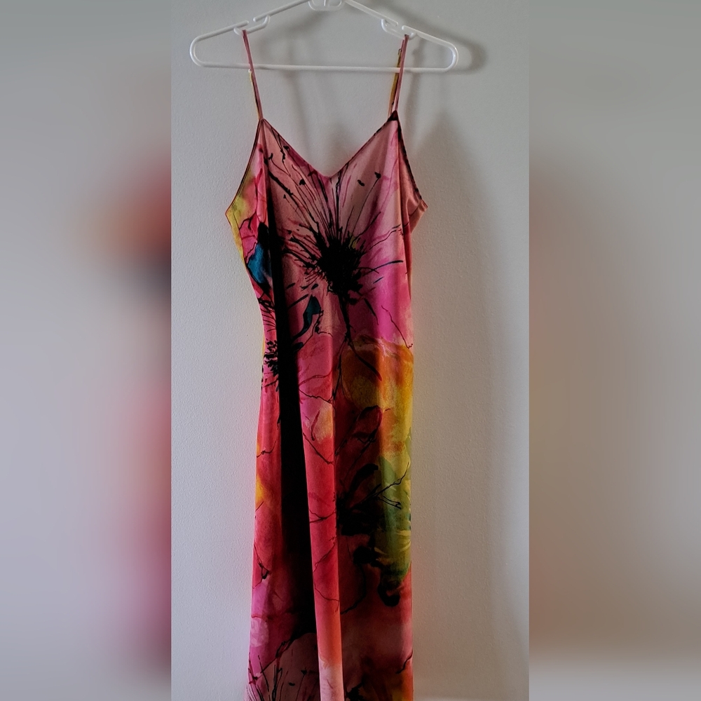 Natori vintage floral rainbow watercolor print midi sleeveless slip dress